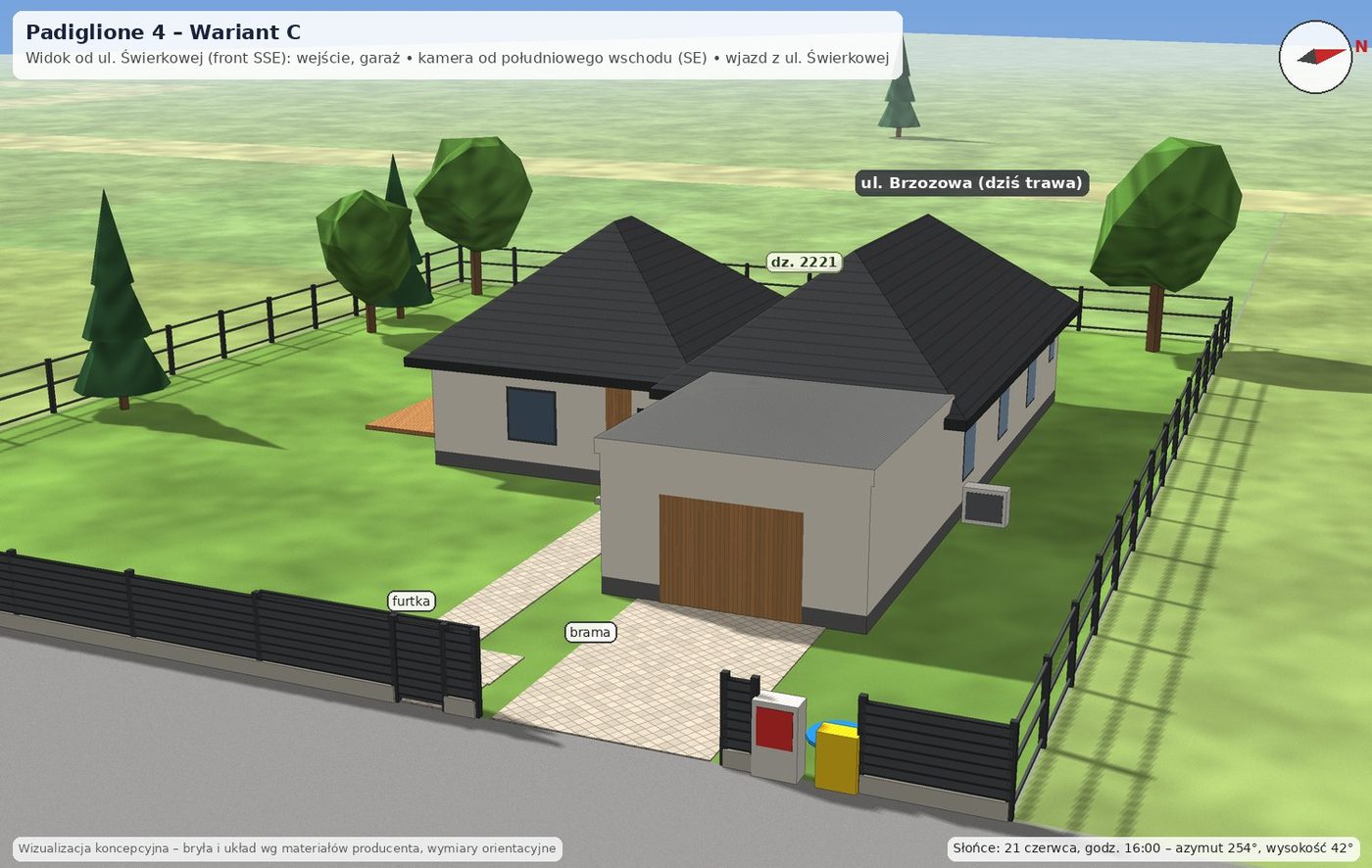 Padiglione 4, wariant C: Front od ul. Świerkowej (SSE): wejście, garaż