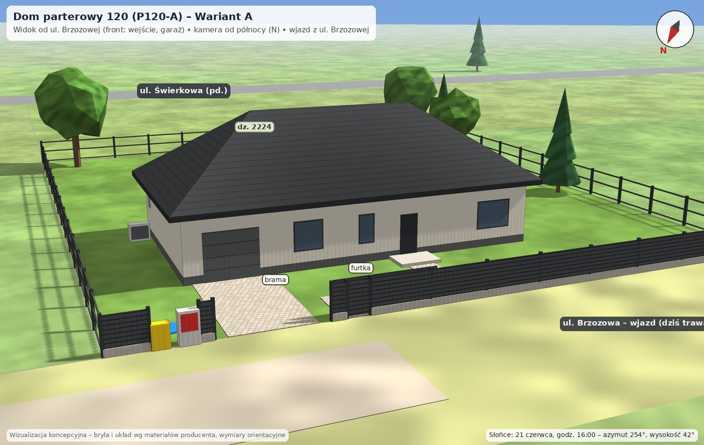 Dom parterowy 120 (P120-A), wariant A: Front od ul. Brzozowej (NNW): wejście, garaż