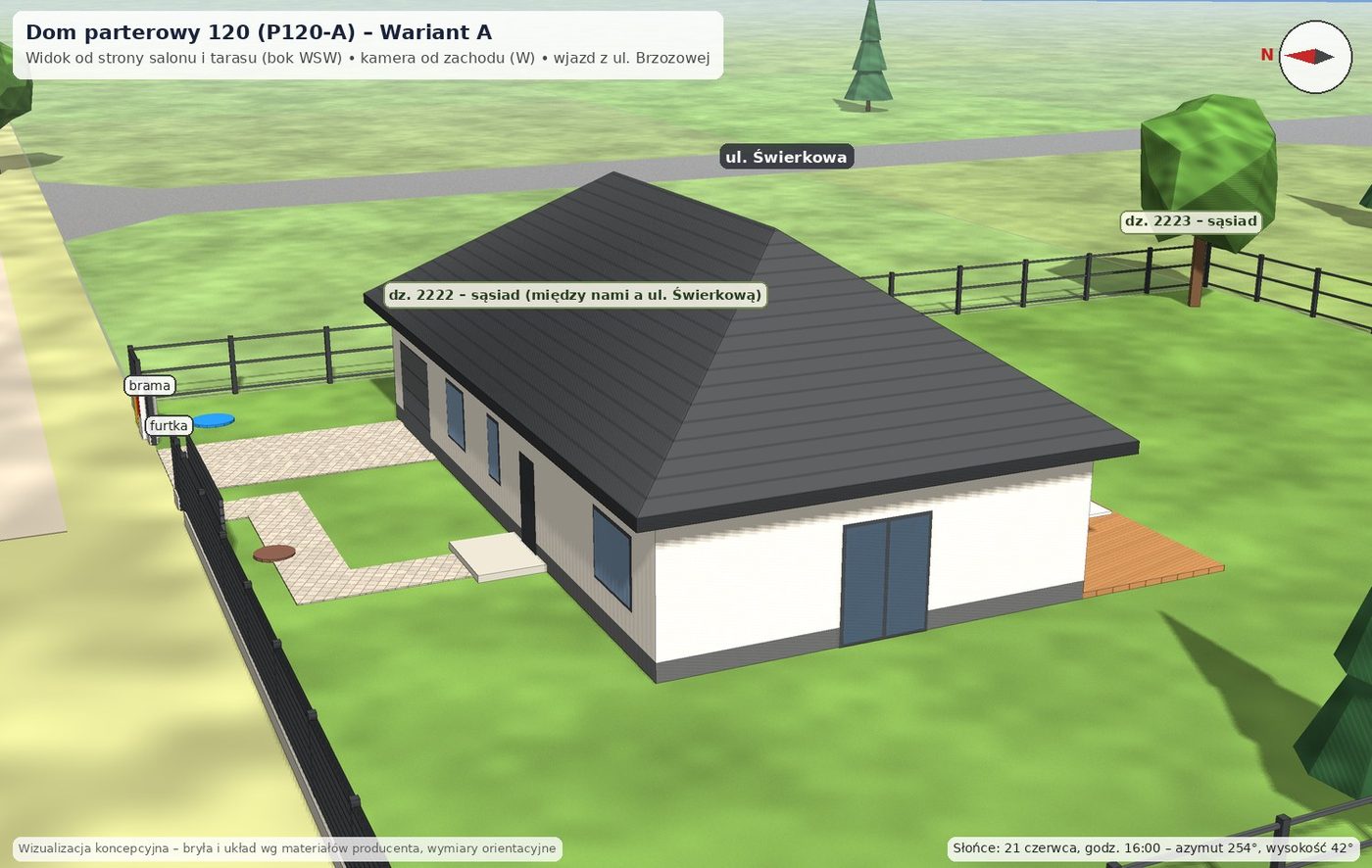 Dom parterowy 120 (P120-A), wariant A: Bok WSW: salon, taras