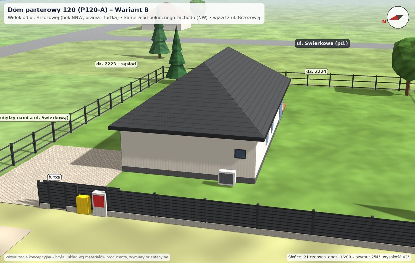 Dom parterowy 120 (P120-A), wariant B: Od ul. Brzozowej (NNW): brama, furtka