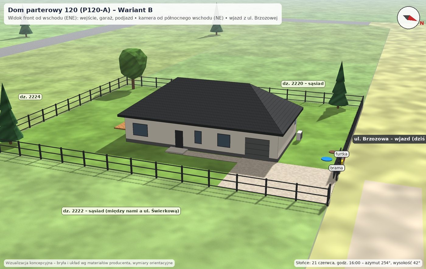 Dom parterowy 120 (P120-A), wariant B: Front na wschód (ENE): wejście, garaż, podjazd; w tle dz. 2222