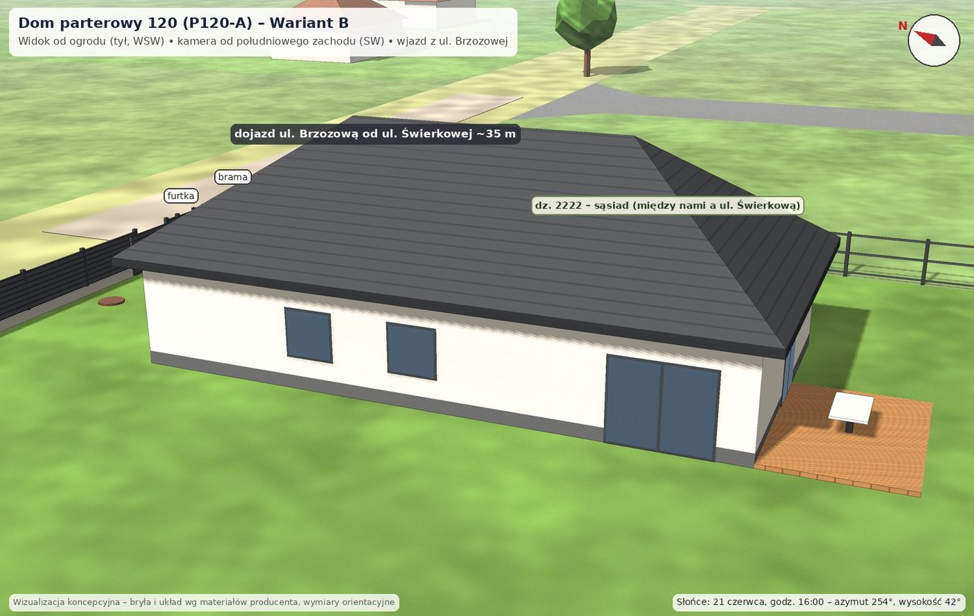Dom parterowy 120 (P120-A), wariant B: Od ogrodu (WSW)