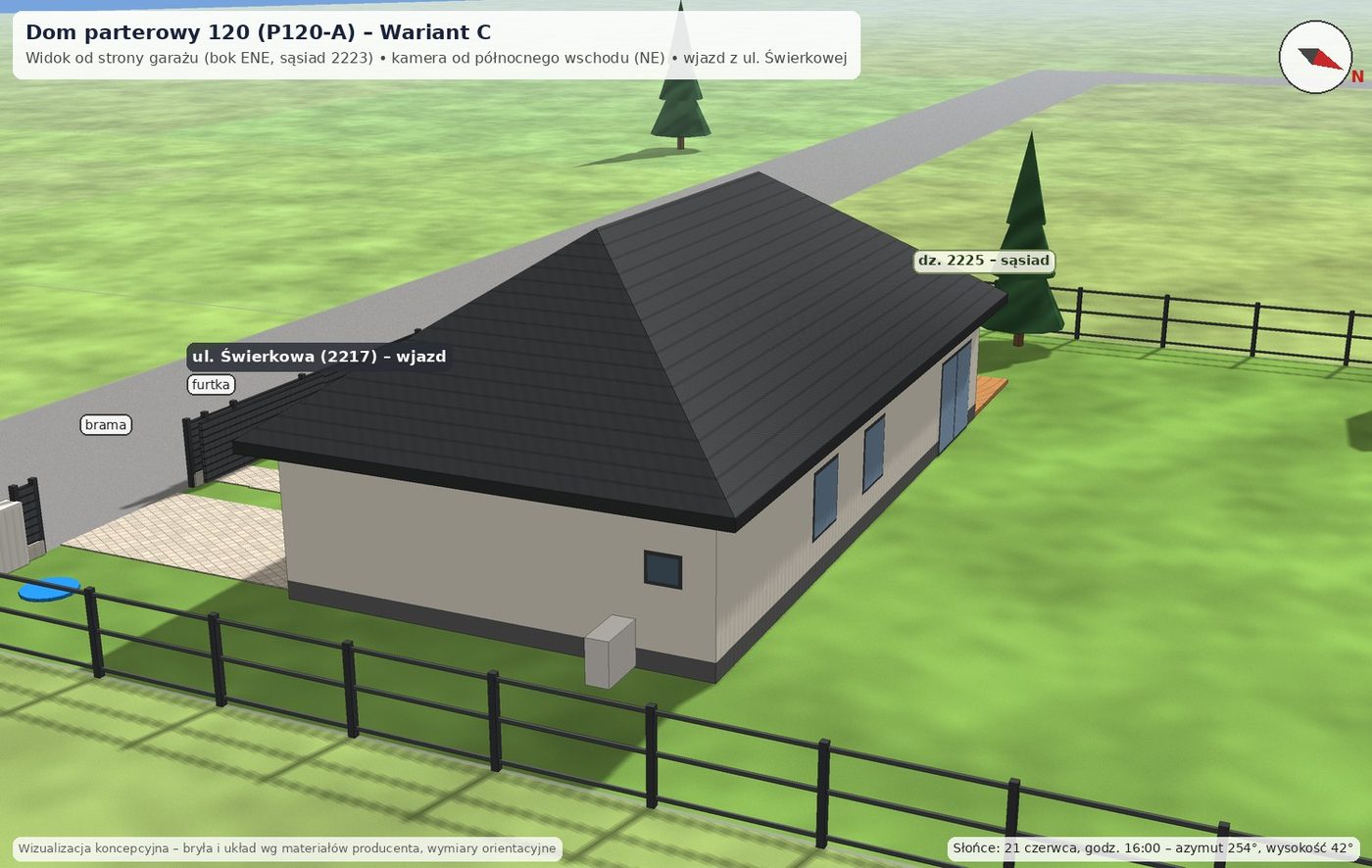 Dom parterowy 120 (P120-A), wariant C: Bok ENE: garaż, sąsiad 2223