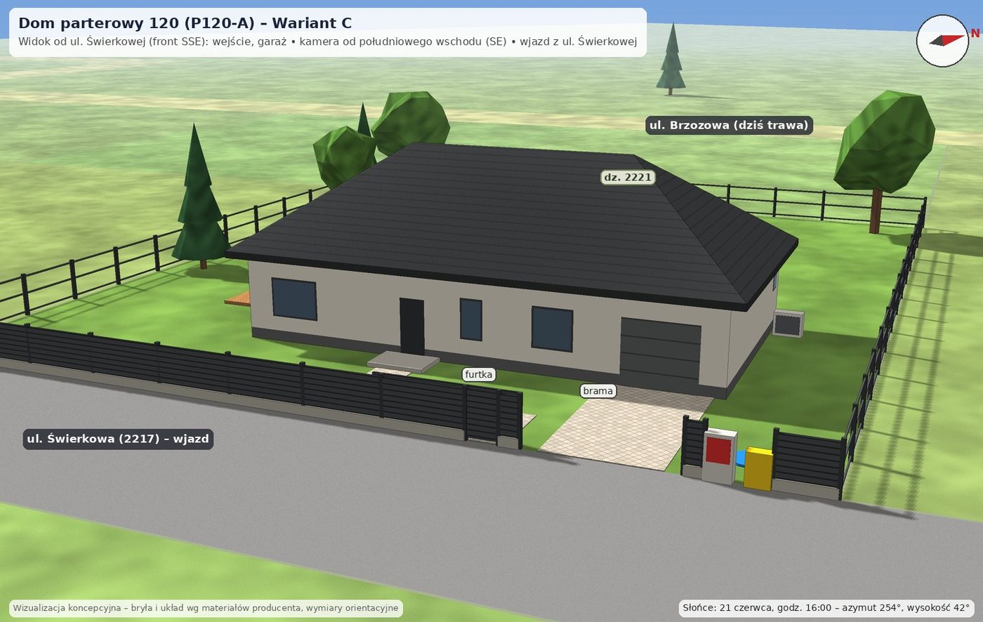 Dom parterowy 120 (P120-A), wariant C: Front od ul. Świerkowej (SSE): wejście, garaż