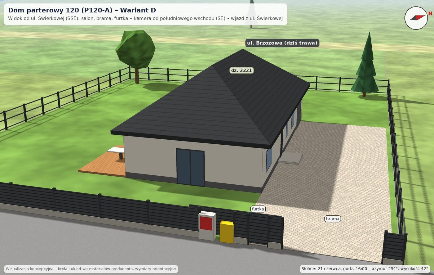 Dom parterowy 120 (P120-A), wariant D: Od ul. Świerkowej (SSE): salon, brama, furtka