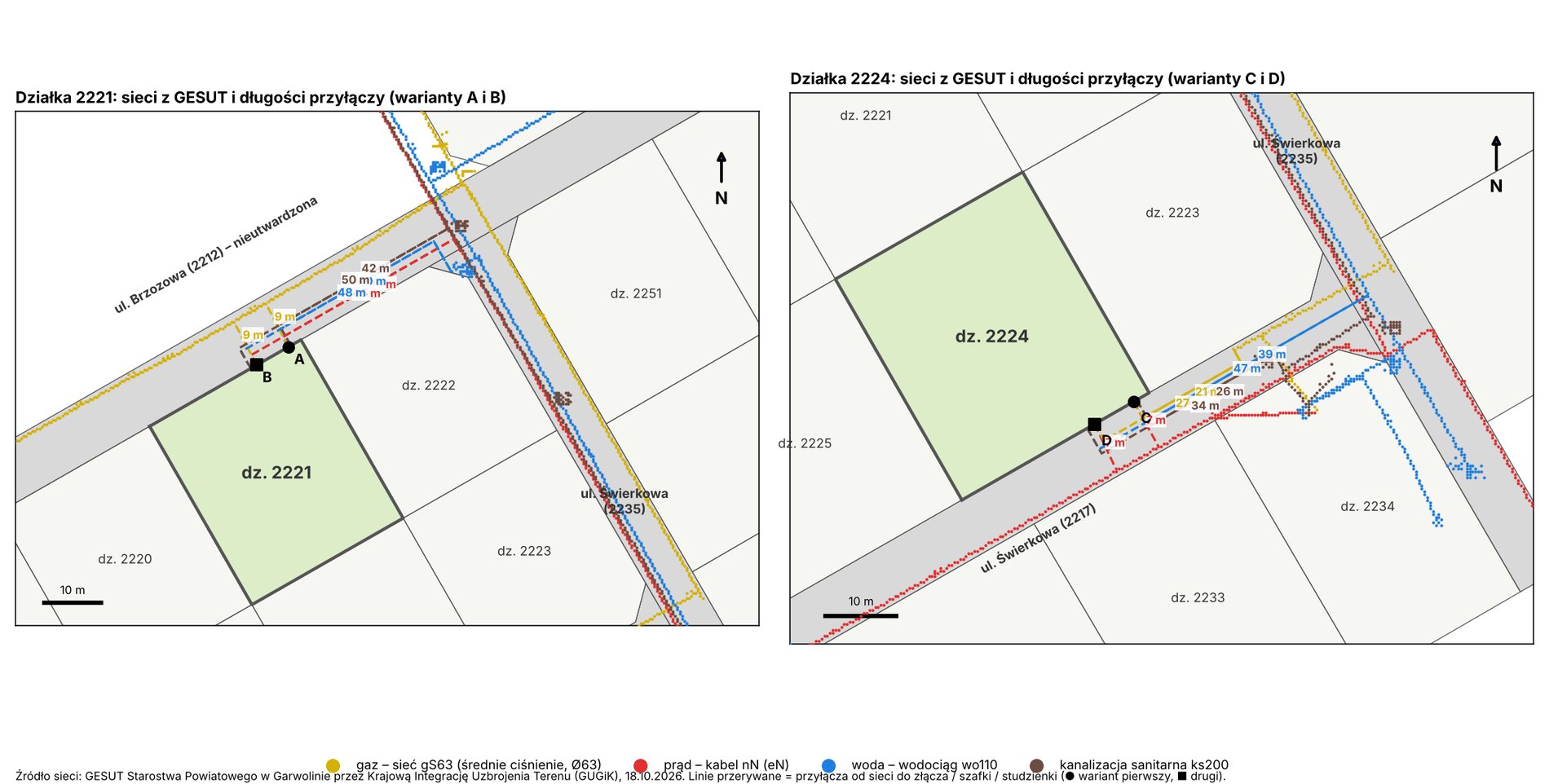 Sieci z GESUT i trasy przyłączy dla działek 2221 i 2224