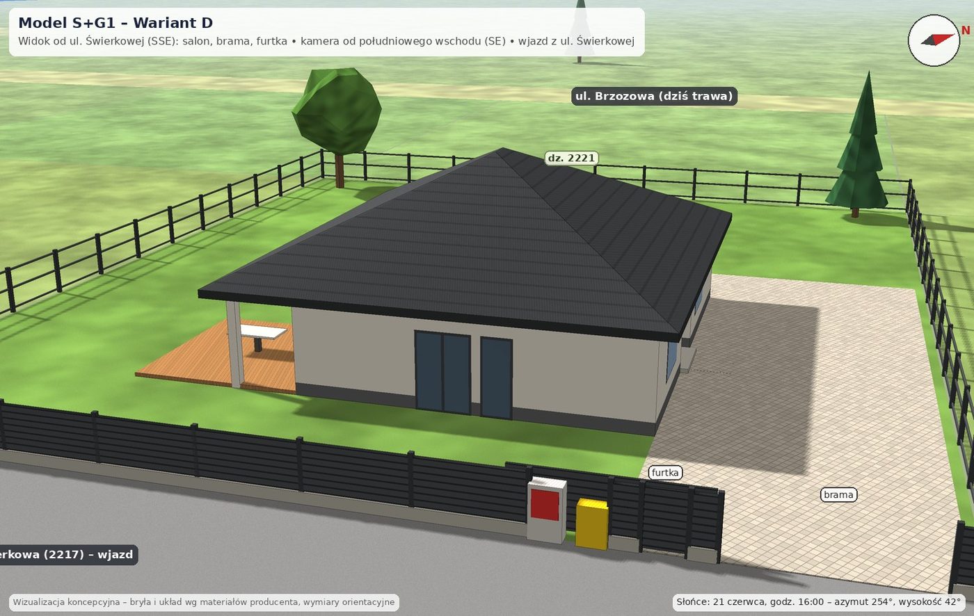 Model S+G1, wariant D: Od ul. Świerkowej (SSE): salon, brama, furtka