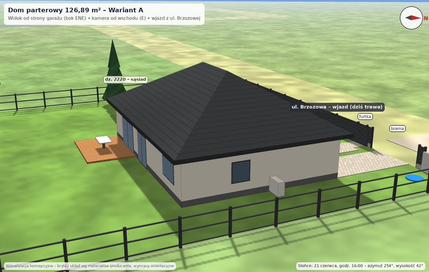 Dom parterowy 126,89 m², wariant A: Bok ENE: garaż, sąsiad 2222