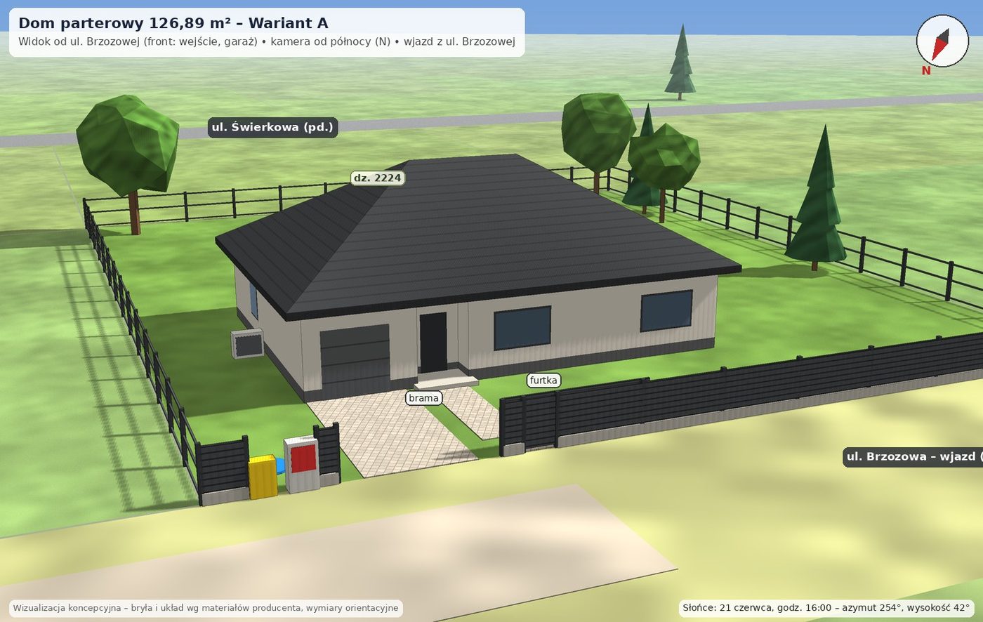 Dom parterowy 126,89 m², wariant A: Front od ul. Brzozowej (NNW): wejście, garaż