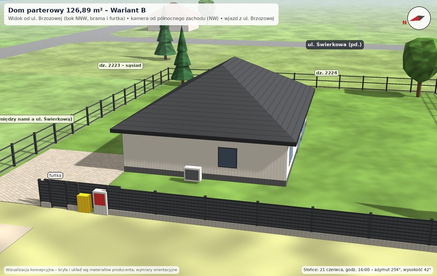 Dom parterowy 126,89 m², wariant B: Od ul. Brzozowej (NNW): brama, furtka