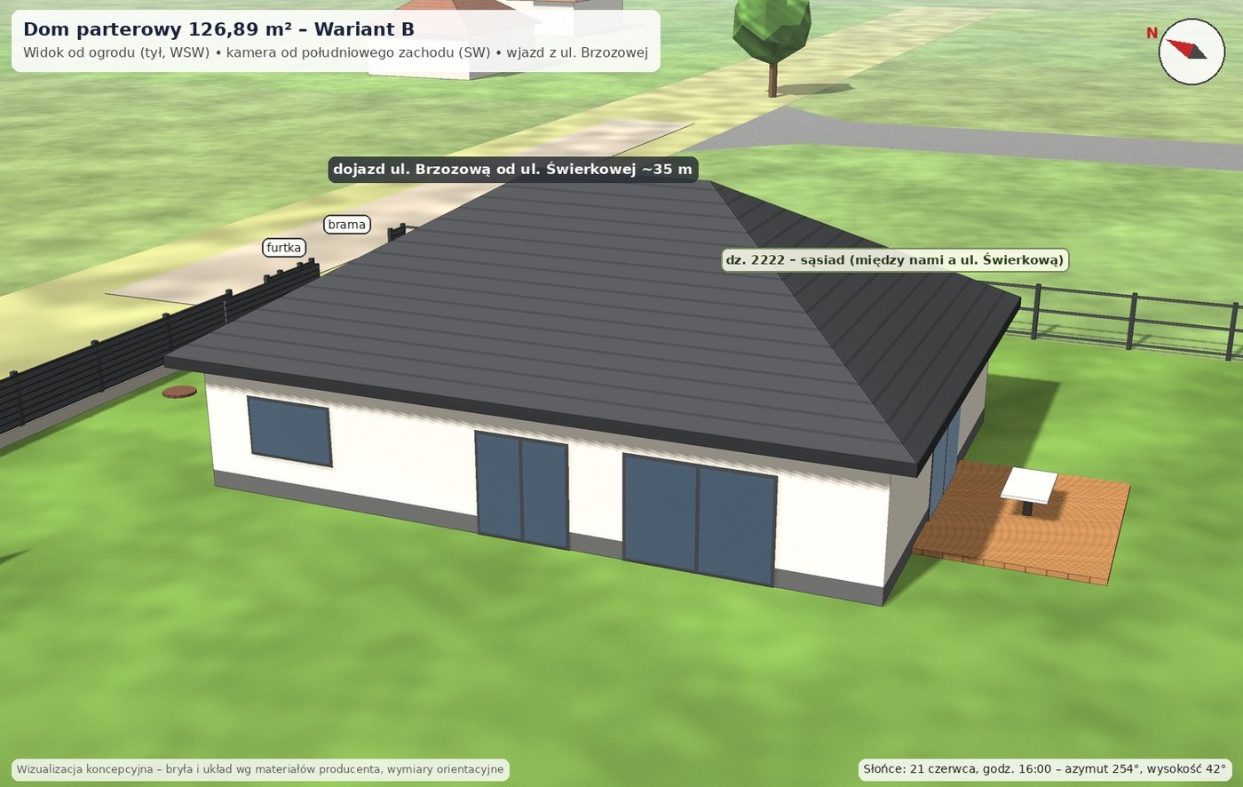 Dom parterowy 126,89 m², wariant B: Od ogrodu (WSW)