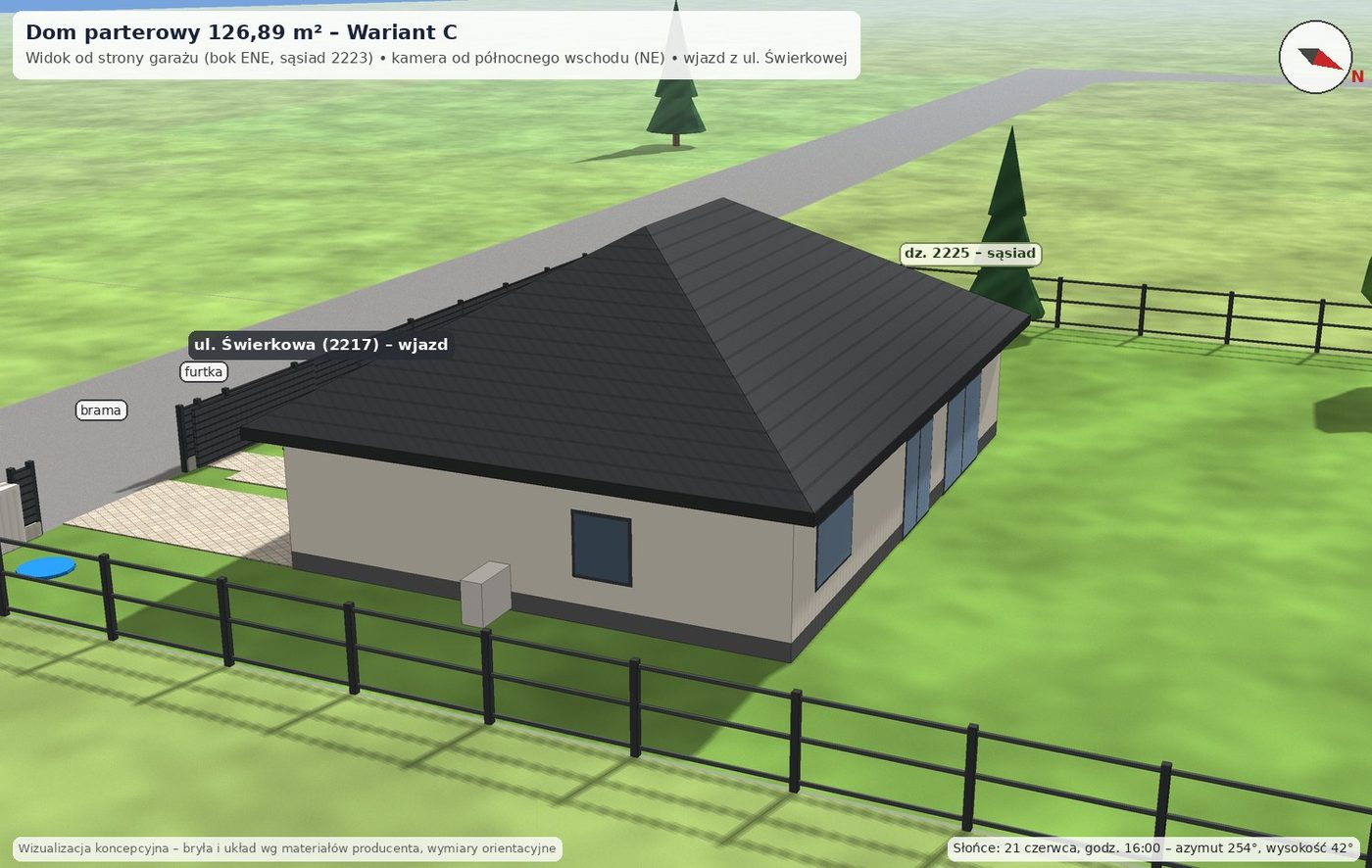 Dom parterowy 126,89 m², wariant C: Bok ENE: garaż, sąsiad 2223