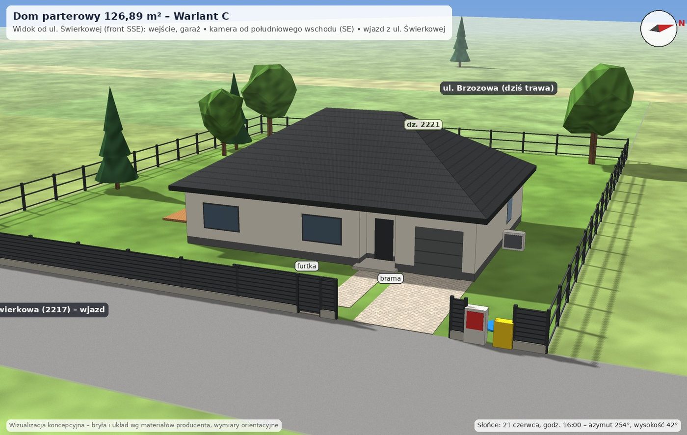 Dom parterowy 126,89 m², wariant C: Front od ul. Świerkowej (SSE): wejście, garaż