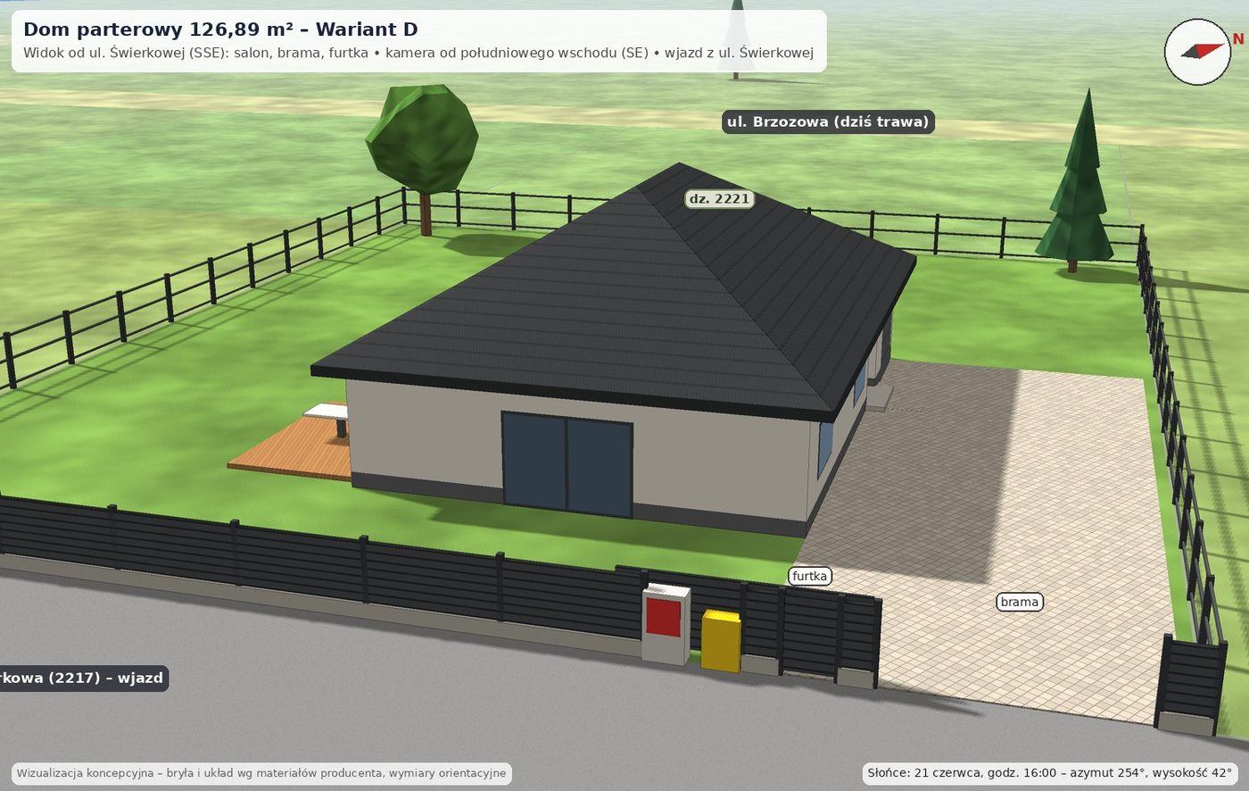 Dom parterowy 126,89 m², wariant D: Od ul. Świerkowej (SSE): salon, brama, furtka